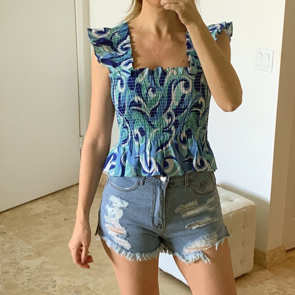 Hill House Paz Blue and Green Patterned Crop Top